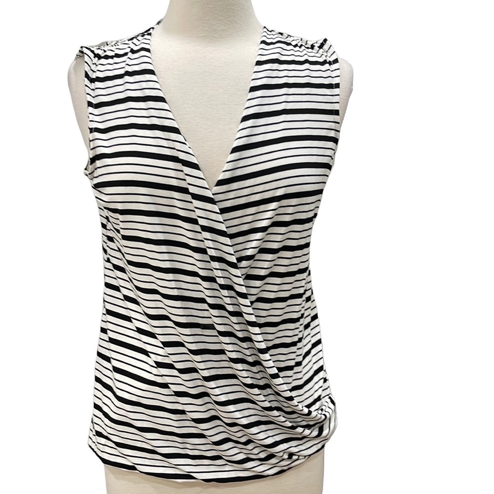 NWT Bobeau Cream/Black Stripe Cross Over Ruched Bust Stretch Top SZ M